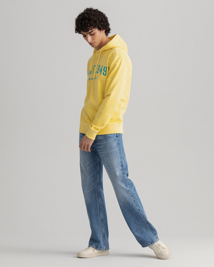Bawełniana bluza męska z kapturem z nadrukiem regular fit żółta