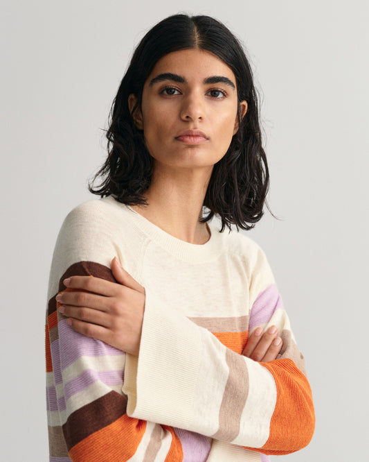 Sweter damski w paski z długim rękawem okrągły kołnierzyk relaxed fit