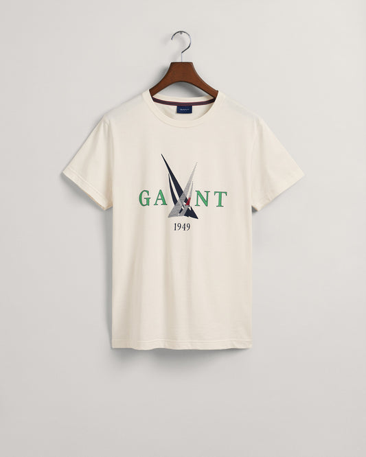 Bawełniany t-shirt męski z nadrukiem regular fit kremowy