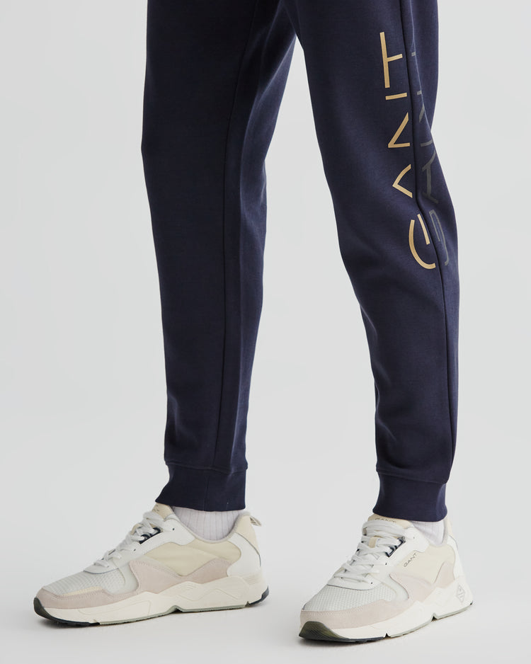 Spodnie dresowe męskie z nadrukiem regular fit granatowe