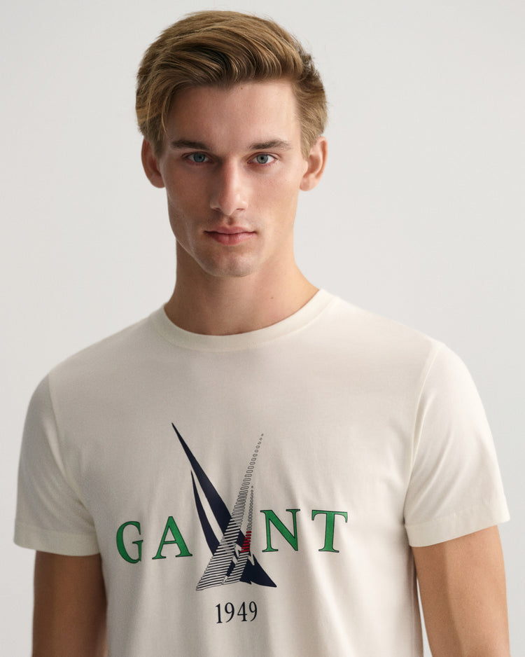 Bawełniany t-shirt męski z nadrukiem regular fit kremowy