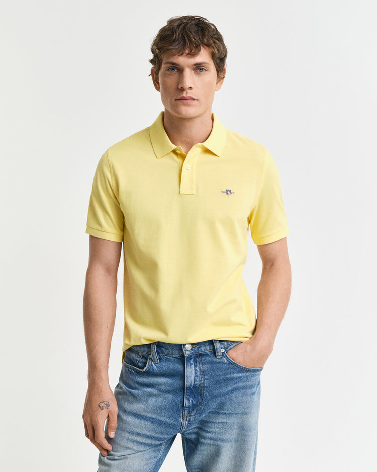 Bawełniana koszulka polo męska z krótkim rękawem regular fit żółta