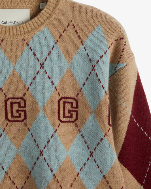 Sweter damski z nadrukiem z długim rękawem regular fit brązowy