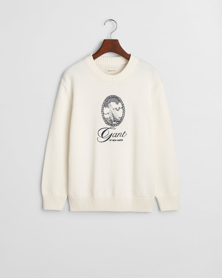 Sweter damski okrągły kołnierzyk długi rękaw regular fit beżowy