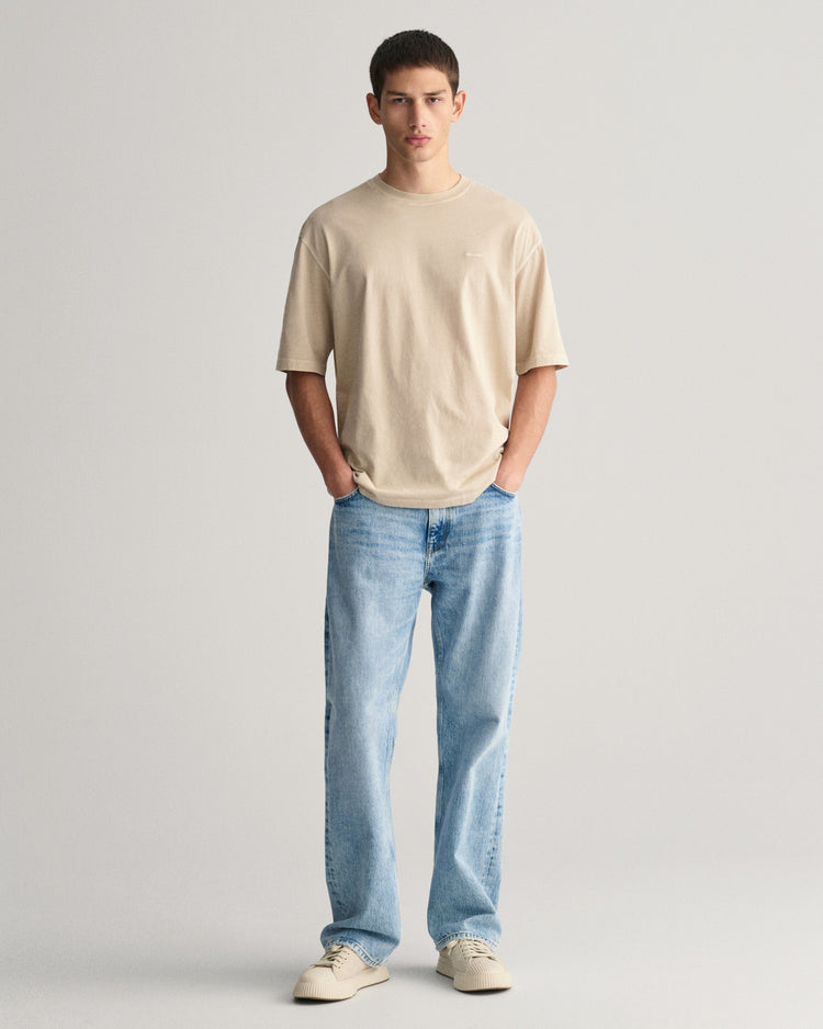 Bawełniany t-shirt męski z nadrukiem relaxed fit beżowy