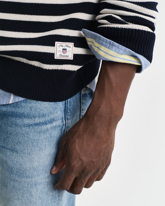 Sweter męski w paski z półzapinanym dekoltem regular fit niebieski