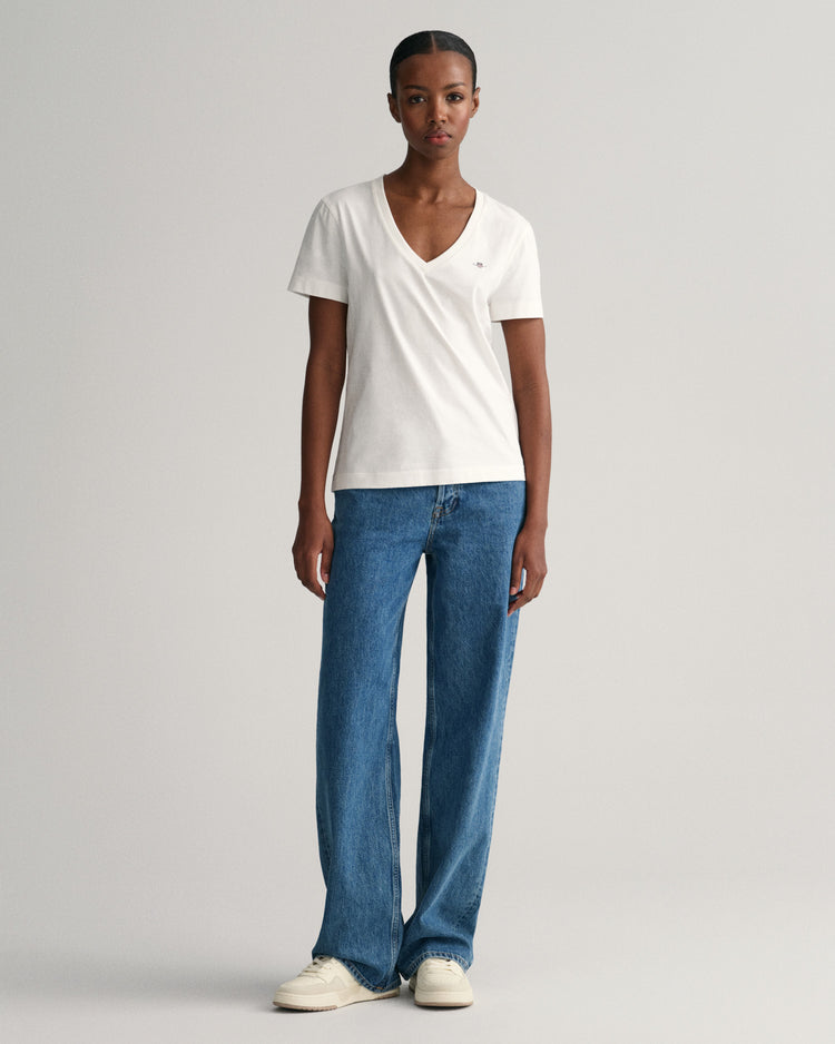 Bawełniana koszulka damska z dekoltem V regular fit biała