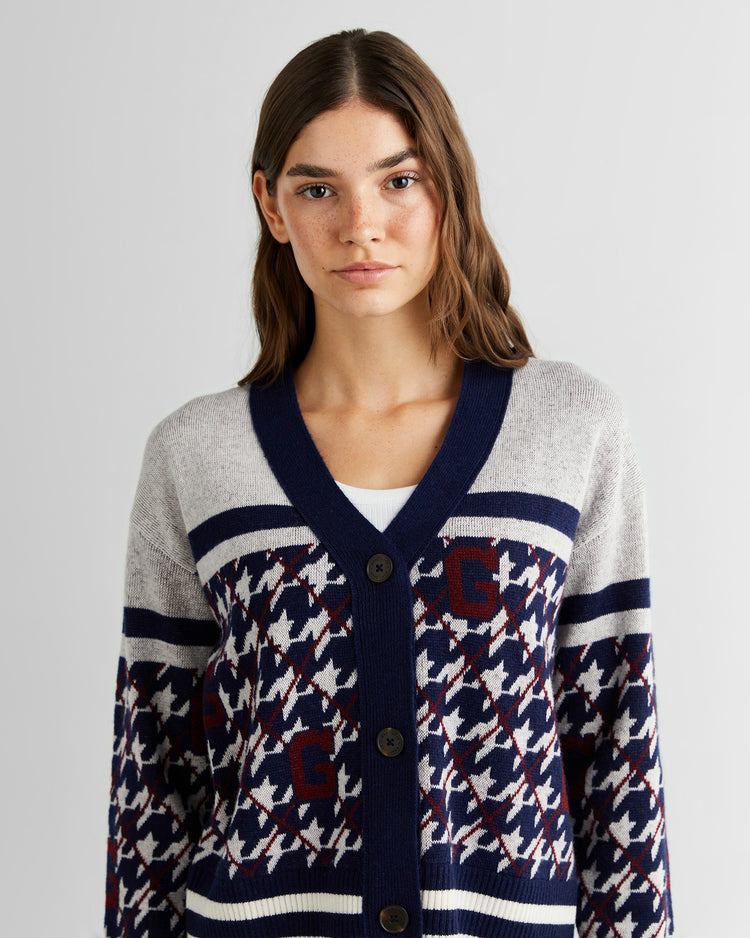 Sweter rozpinany damski z dekoltem V z nadrukiem z długim rękawem relaxed fit