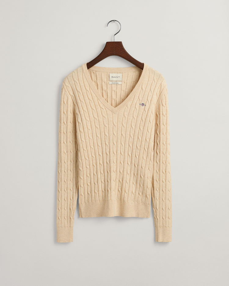 Sweter z elastycznej bawełny o splocie warkoczowym z dekoltem w kształcie litery V