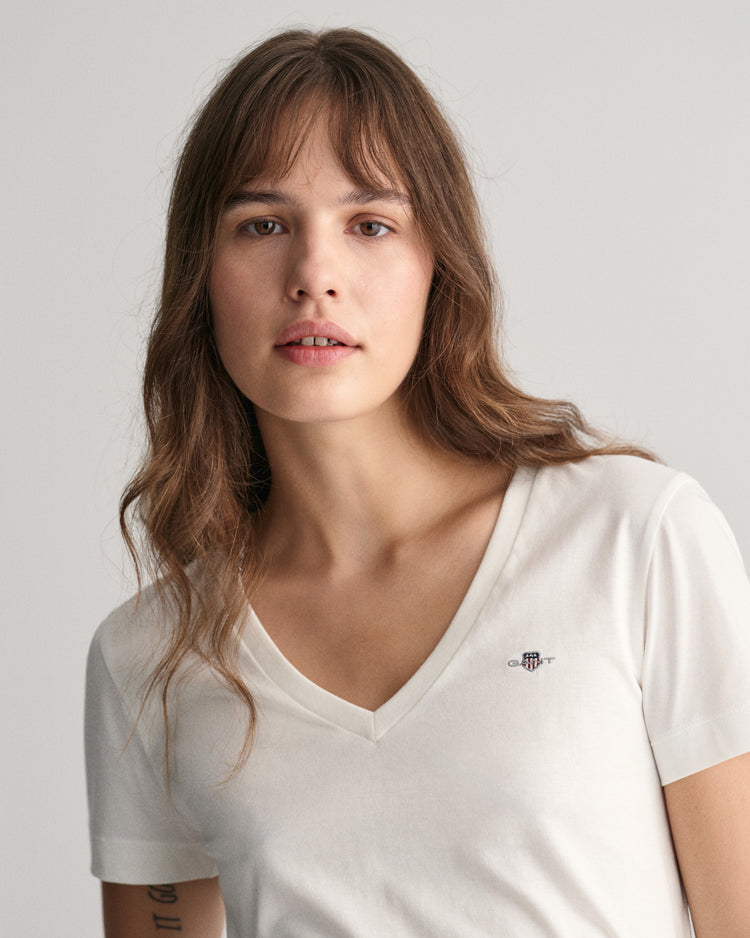 Bawełniana koszulka damska z dekoltem V regular fit biała