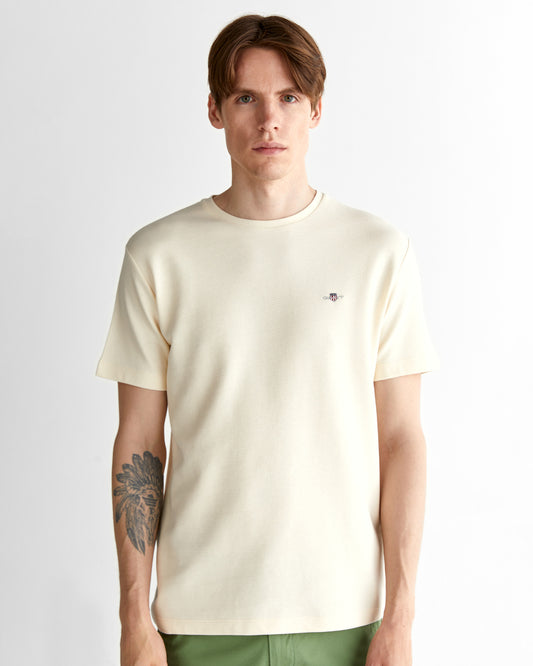 T-shirt męski okrągły kołnierzyk regular fit kremowy