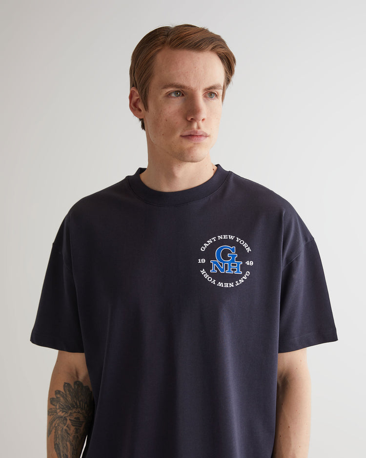 Bawełniany t-shirt męski z nadrukiem oversize fit granatowy