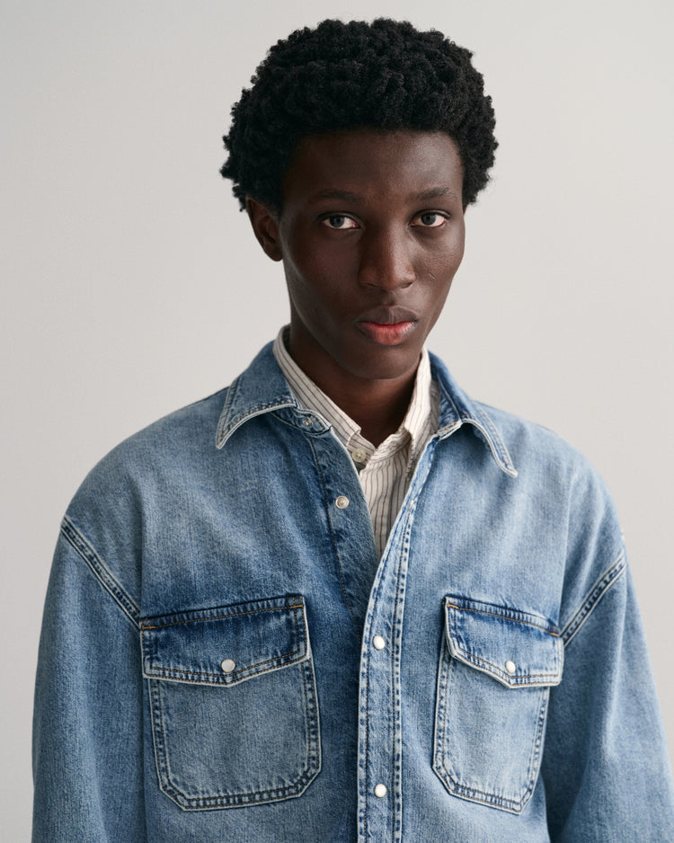 Bawełniana koszula męska z długim rękawem oversize fit niebieska