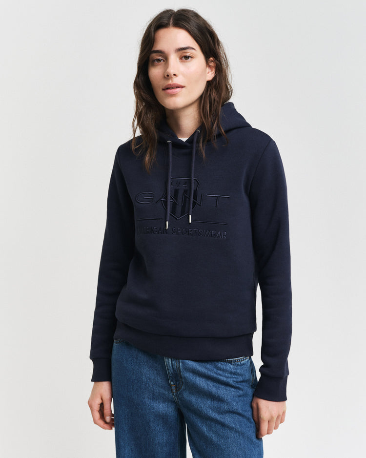 Bluza damska z nadrukiem z kapturem regular fit granatowa