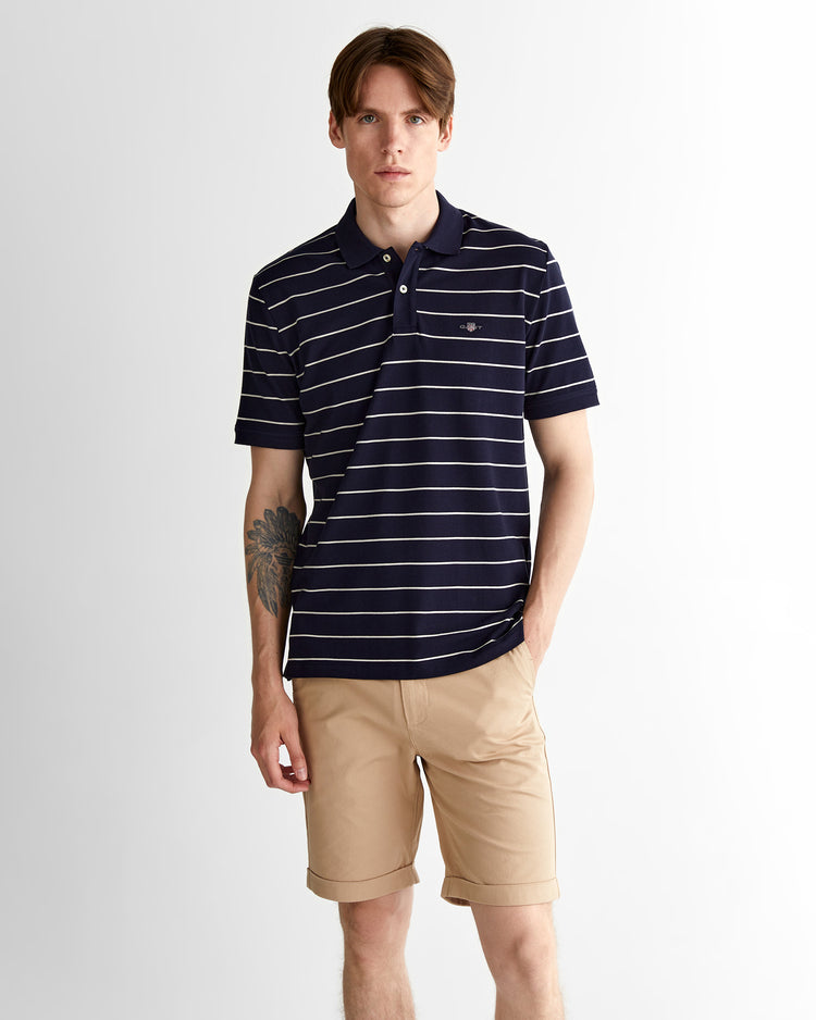 Polo męskie w paski z krótkim rękawem regular fit granatowe