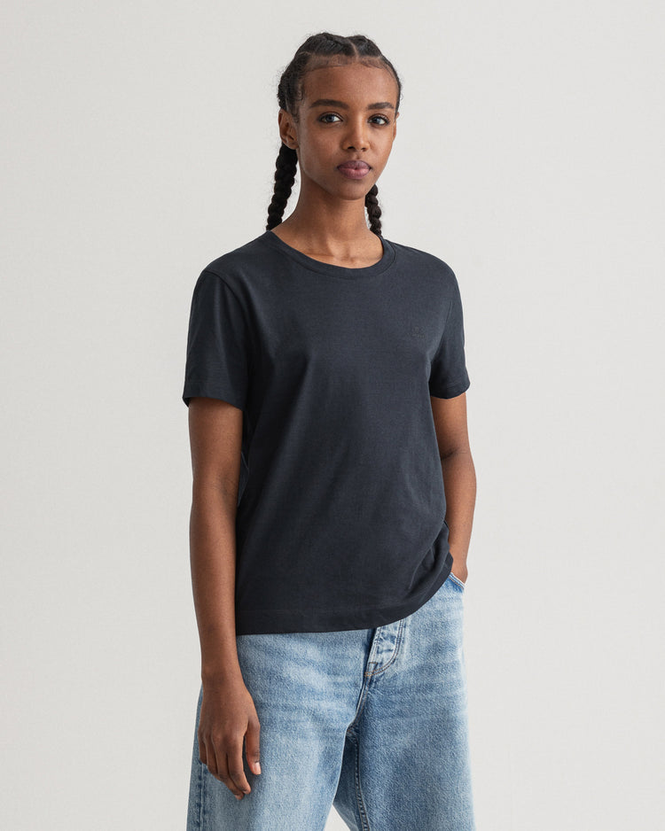 Damska czarna koszulka z okrągłym dekoltem