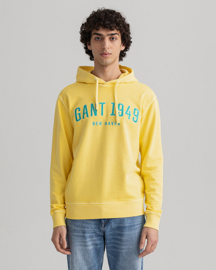 Bawełniana bluza męska z kapturem z nadrukiem regular fit żółta