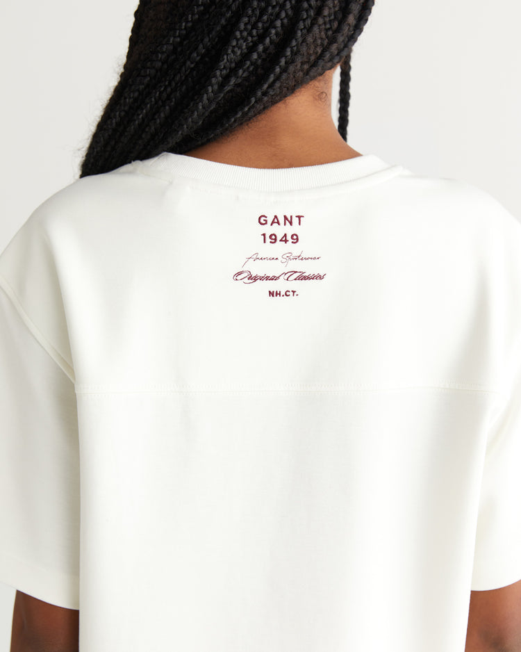 T-shirt z motywem college i okrągłym dekoltem