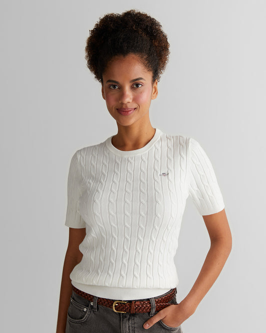 Sweter damski okrągły kołnierzyk z krótkim rękawem slim fit biały