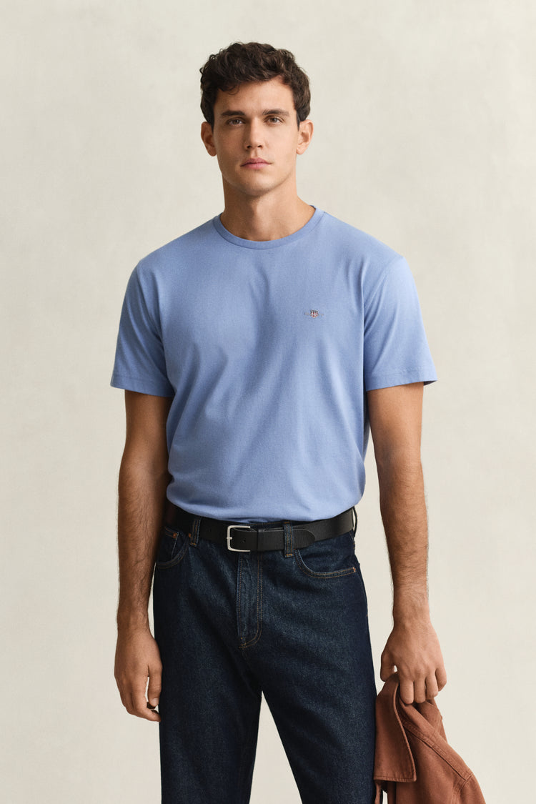 Bawełniany t-shirt męski z okrągłym kołnierzykiem regular fit niebieski