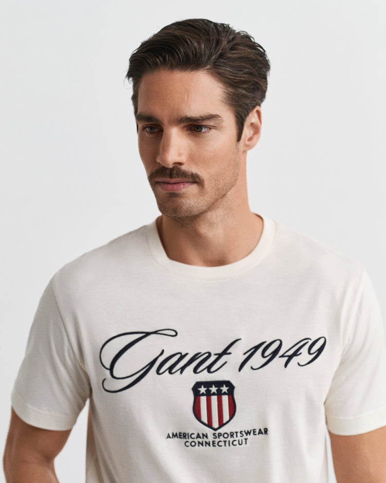 T-shirt męski z nadrukiem regular fit kremowy