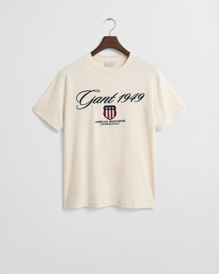 T-shirt męski z nadrukiem regular fit kremowy