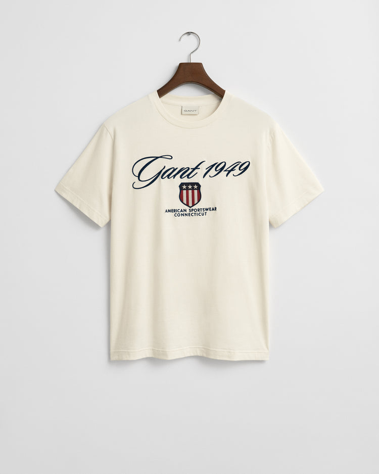 T-shirt męski z nadrukiem regular fit kremowy