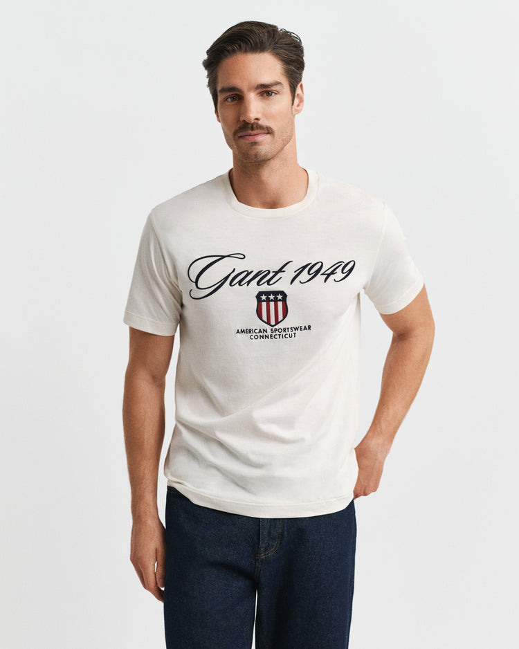 T-shirt męski z nadrukiem regular fit kremowy