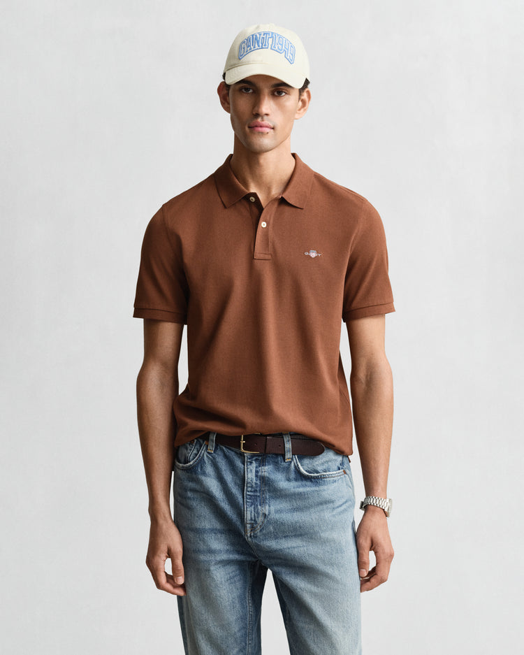 Bawełniana polo męska z krótkim rękawem regular fit brązowa