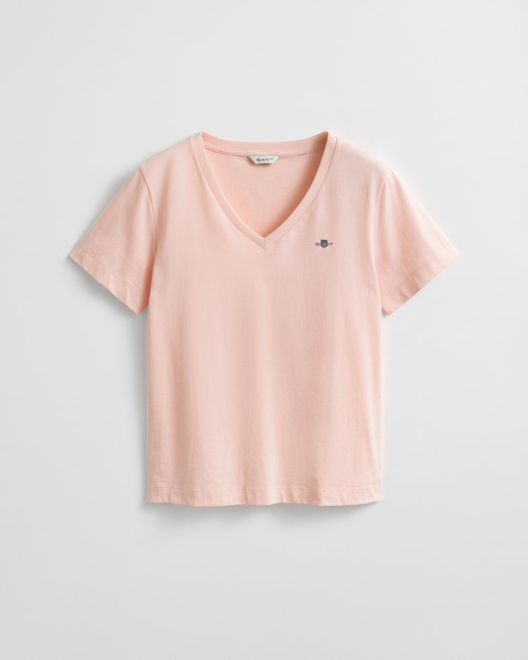 Bawełniana koszulka damska z dekoltem V regular fit różowa