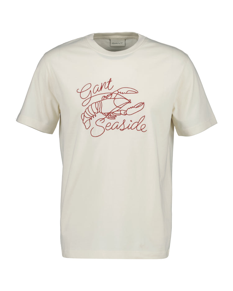 Bawełniany t-shirt męski z nadrukiem regular fit kremowy