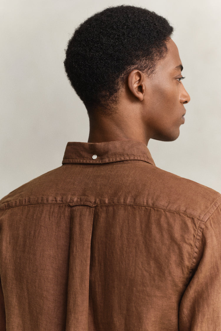 Lniana koszula męska z długim rękawem regular fit brązowa