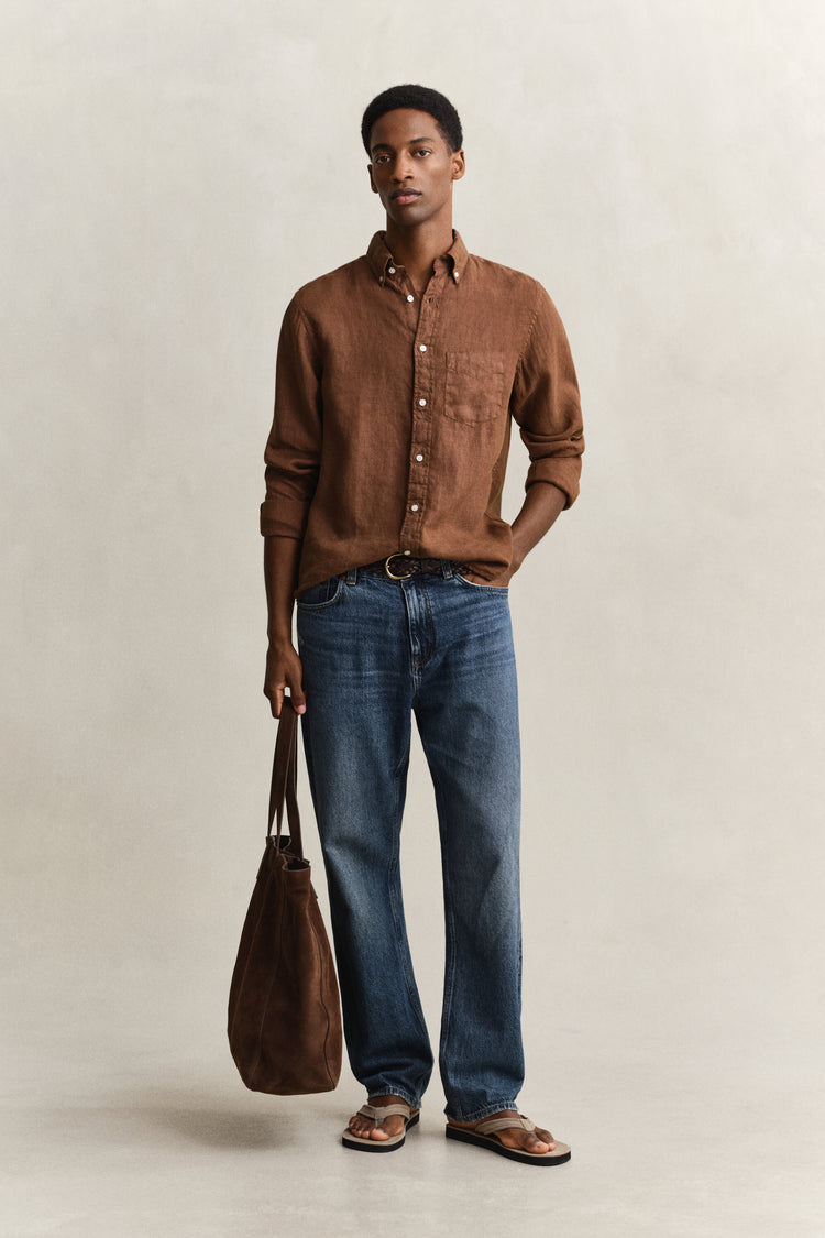 Lniana koszula męska z długim rękawem regular fit brązowa