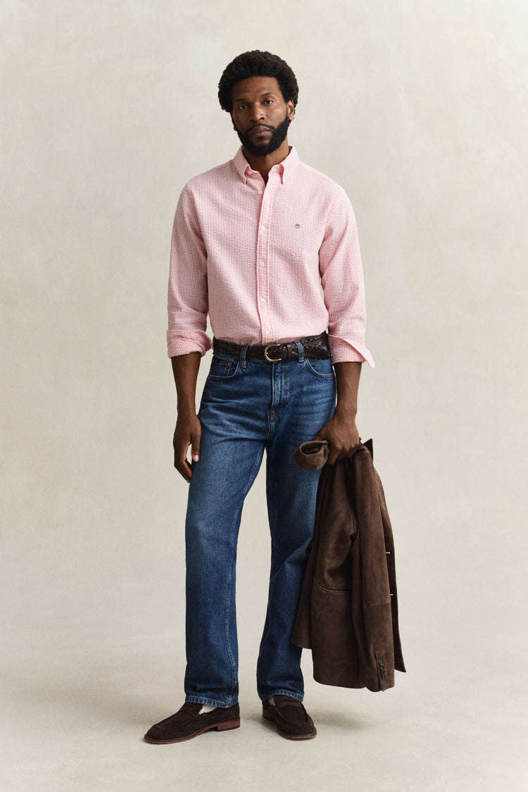 Bawełniana koszula męska w paski z długim rękawem regular fit różowa