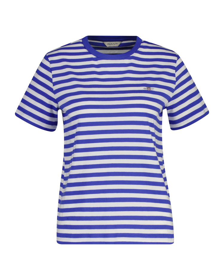 Bawełniany t-shirt damski w paski regular fit niebieski