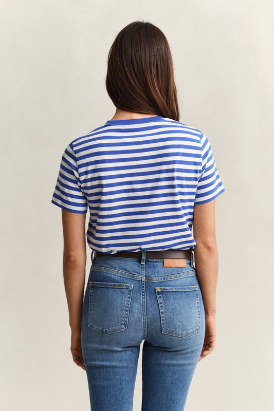 Bawełniany t-shirt damski w paski regular fit niebieski