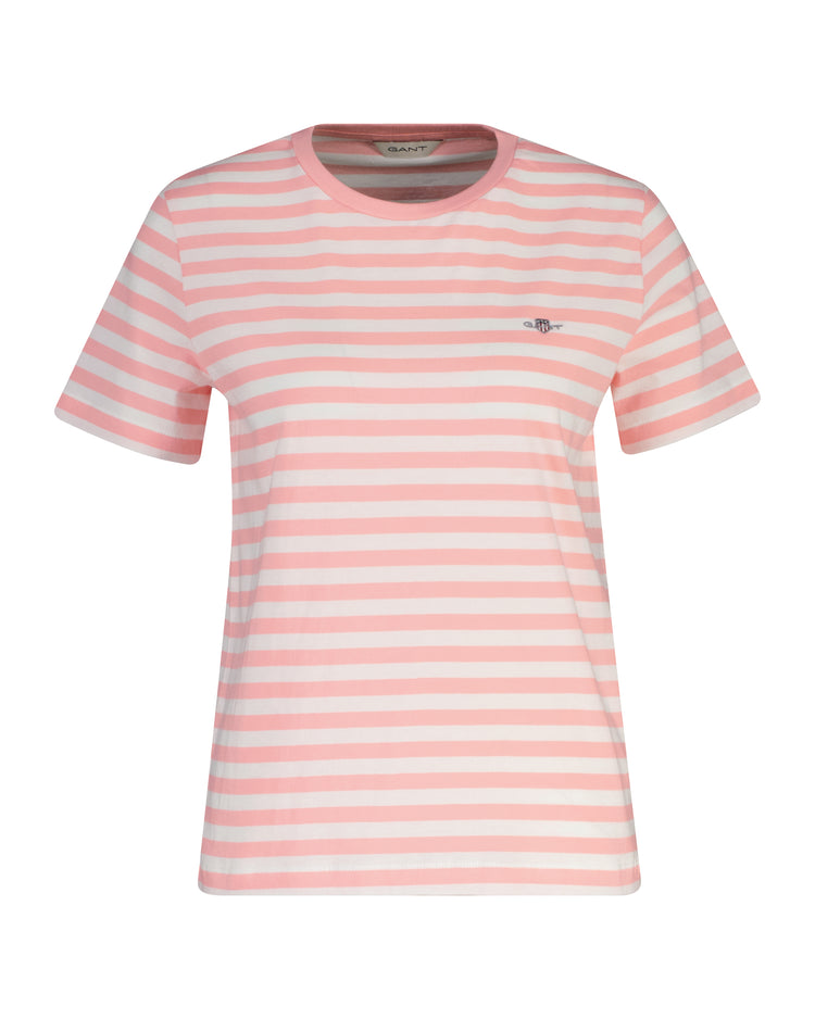 Bawełniana koszulka damska w paski z okrągłym kołnierzykiem regular fit