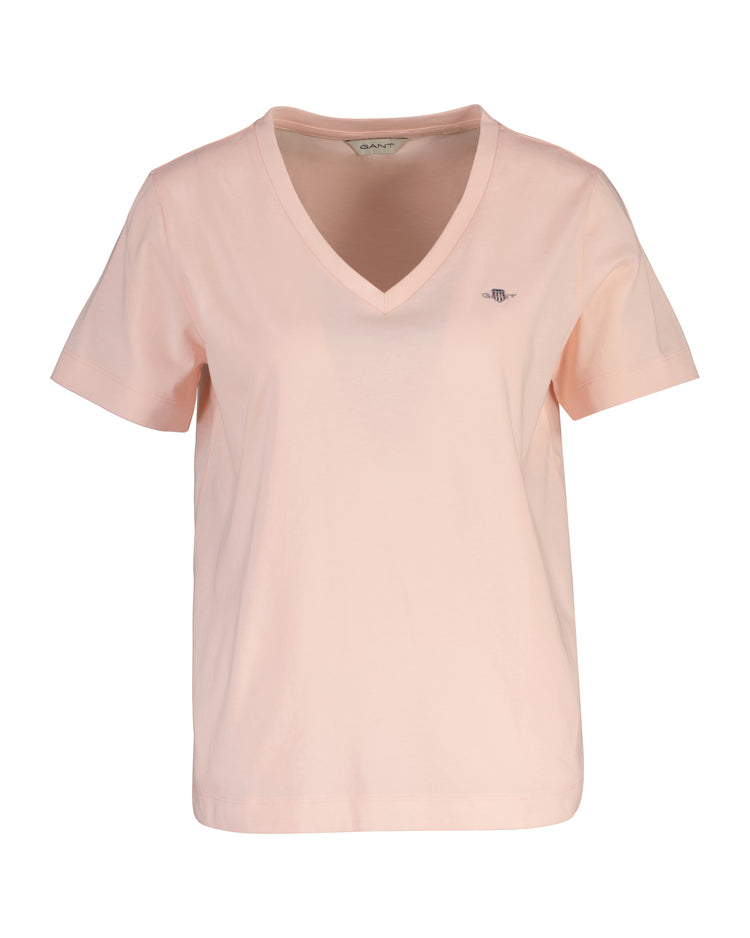 Bawełniana koszulka damska z dekoltem V regular fit różowa
