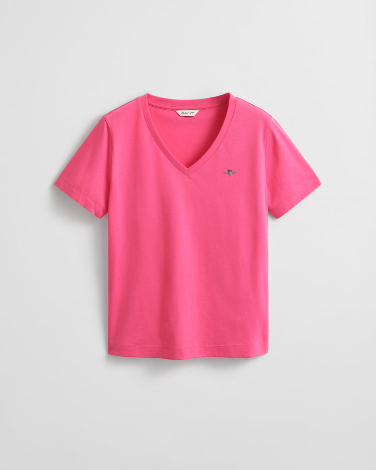 Bawełniana koszulka damska z dekoltem V regular fit różowa