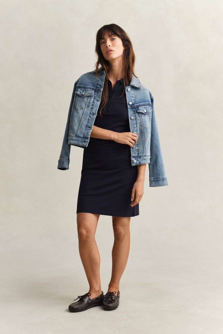 Sukienka damska z kołnierzykiem poloi i krótkim rękawem slim fit granatowa