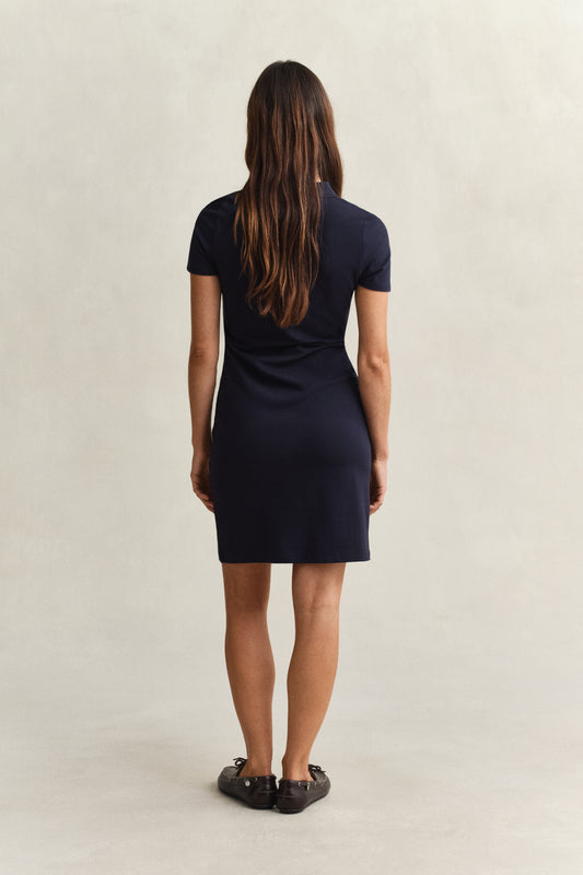 Sukienka damska z kołnierzykiem poloi i krótkim rękawem slim fit granatowa