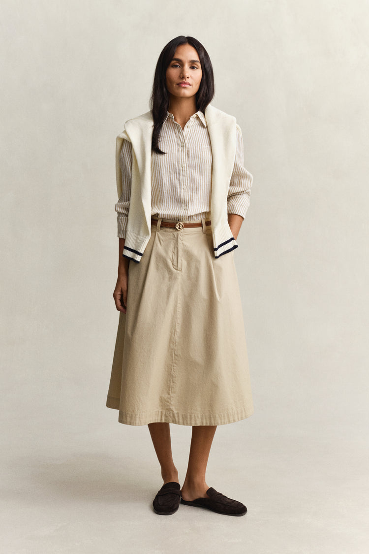 Lniana koszula damska w paski długi rękaw regular fit beżowa