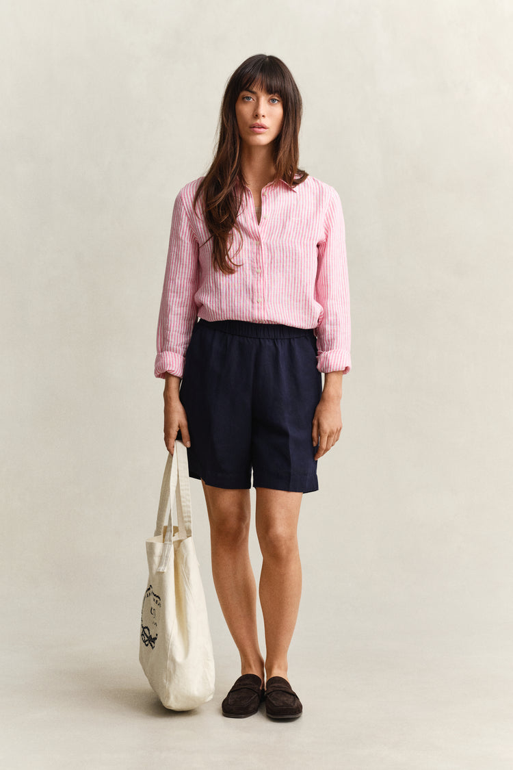 Lniana koszula damska w paski z długim rękawem regular fit