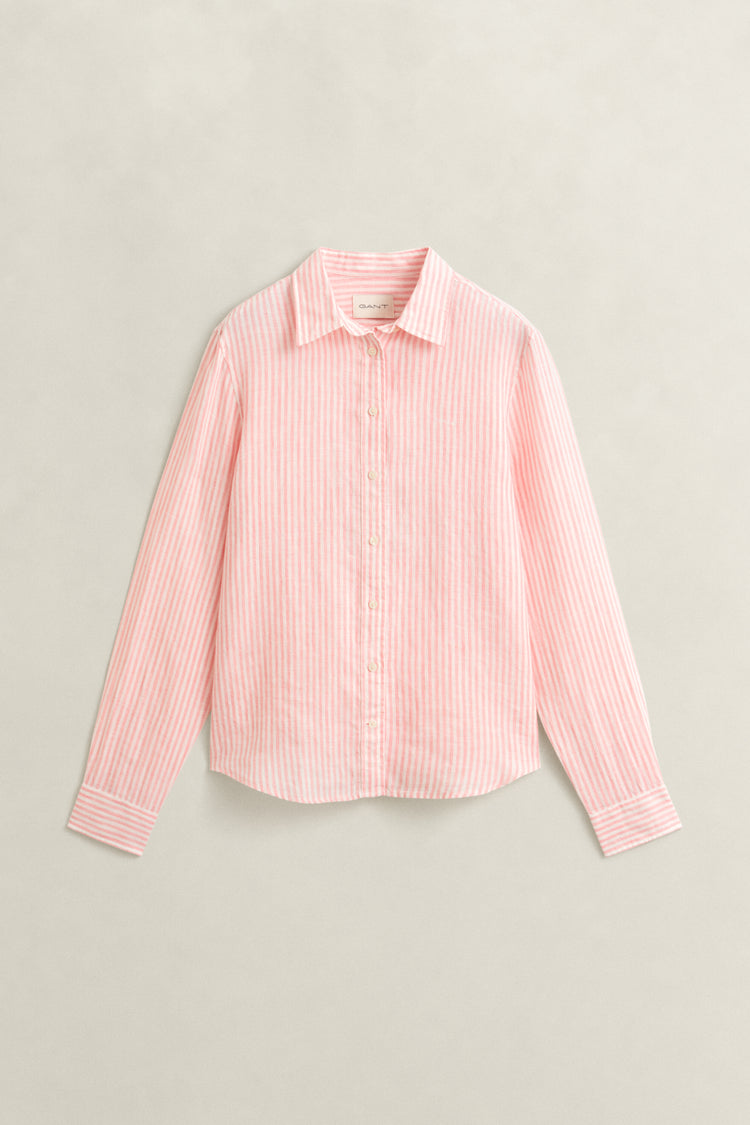 Lniana koszula damska w paski z długim rękawem regular fit różowa