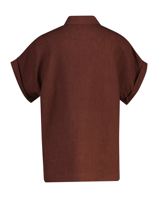 Lniana koszula damska z krótkim rękawem relaxed fit brązowa