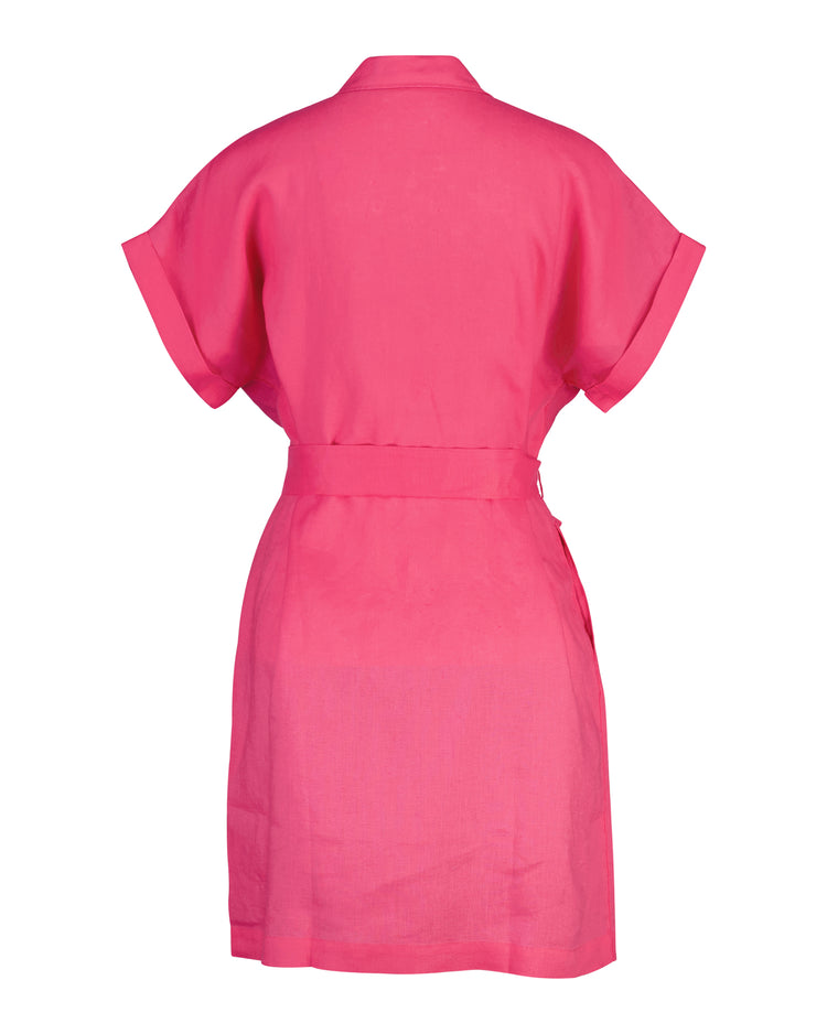 Lniana sukienka damska z kołnierzem koszulowym i krótkim rękawem relaxed fit