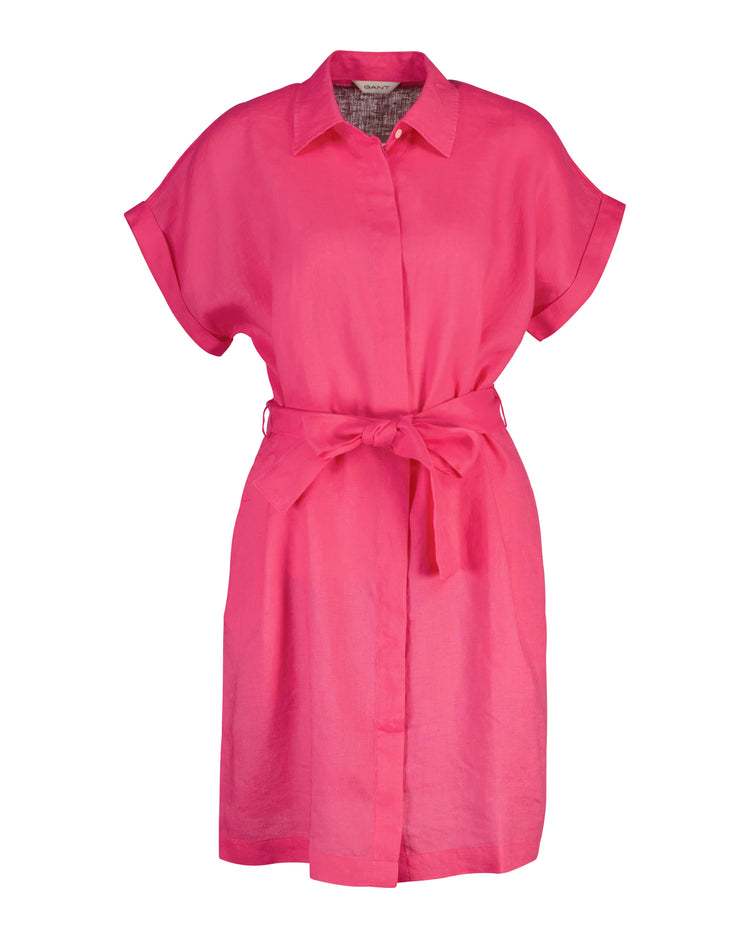 Lniana sukienka damska z kołnierzem koszulowym i krótkim rękawem relaxed fit