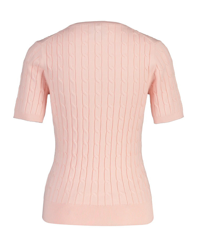 Sweter damski z krótkim rękawem okrągły kołnierzyk slim fit różowy