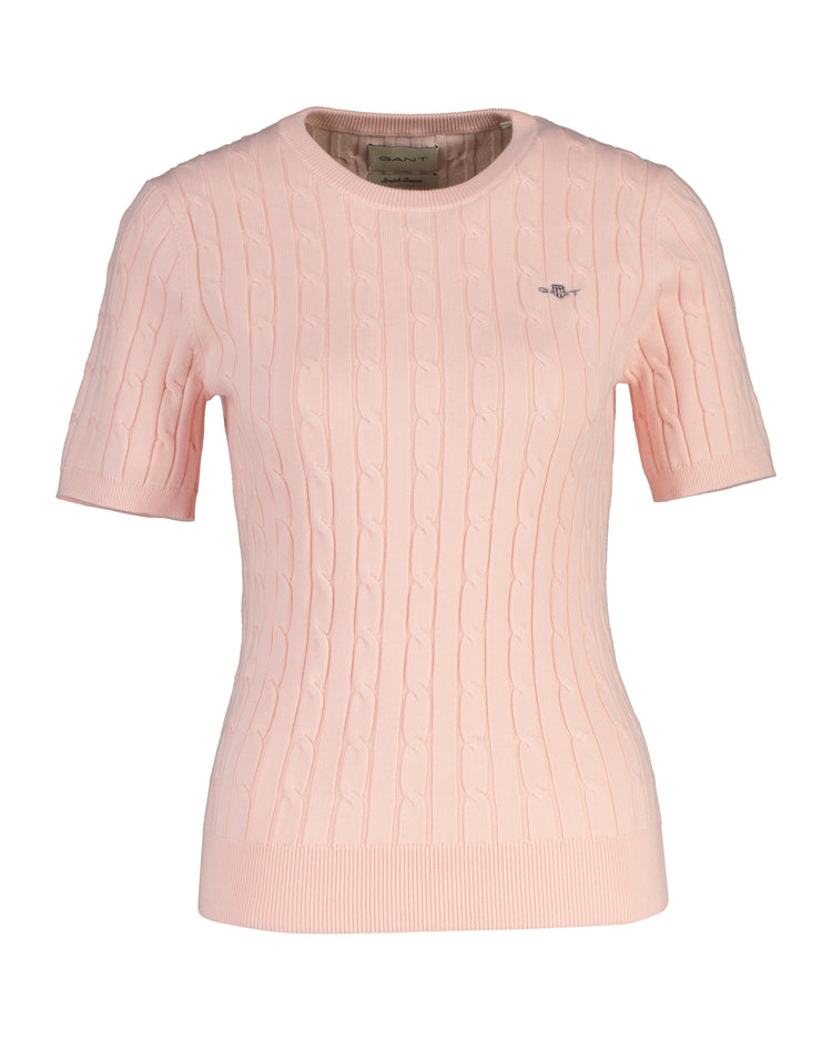 Sweter damski z krótkim rękawem okrągły kołnierzyk slim fit różowy