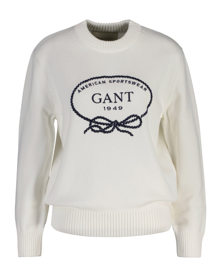 Bawełniany sweter damski z nadrukiem regular fit biały